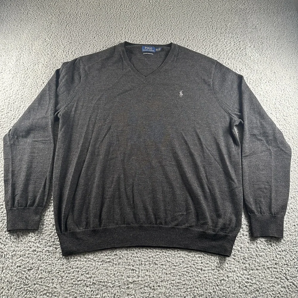 Polo Ralph Lauren Sweater Mens 2XL Gray Merino Wool V-Neck Knit Long Sleeve